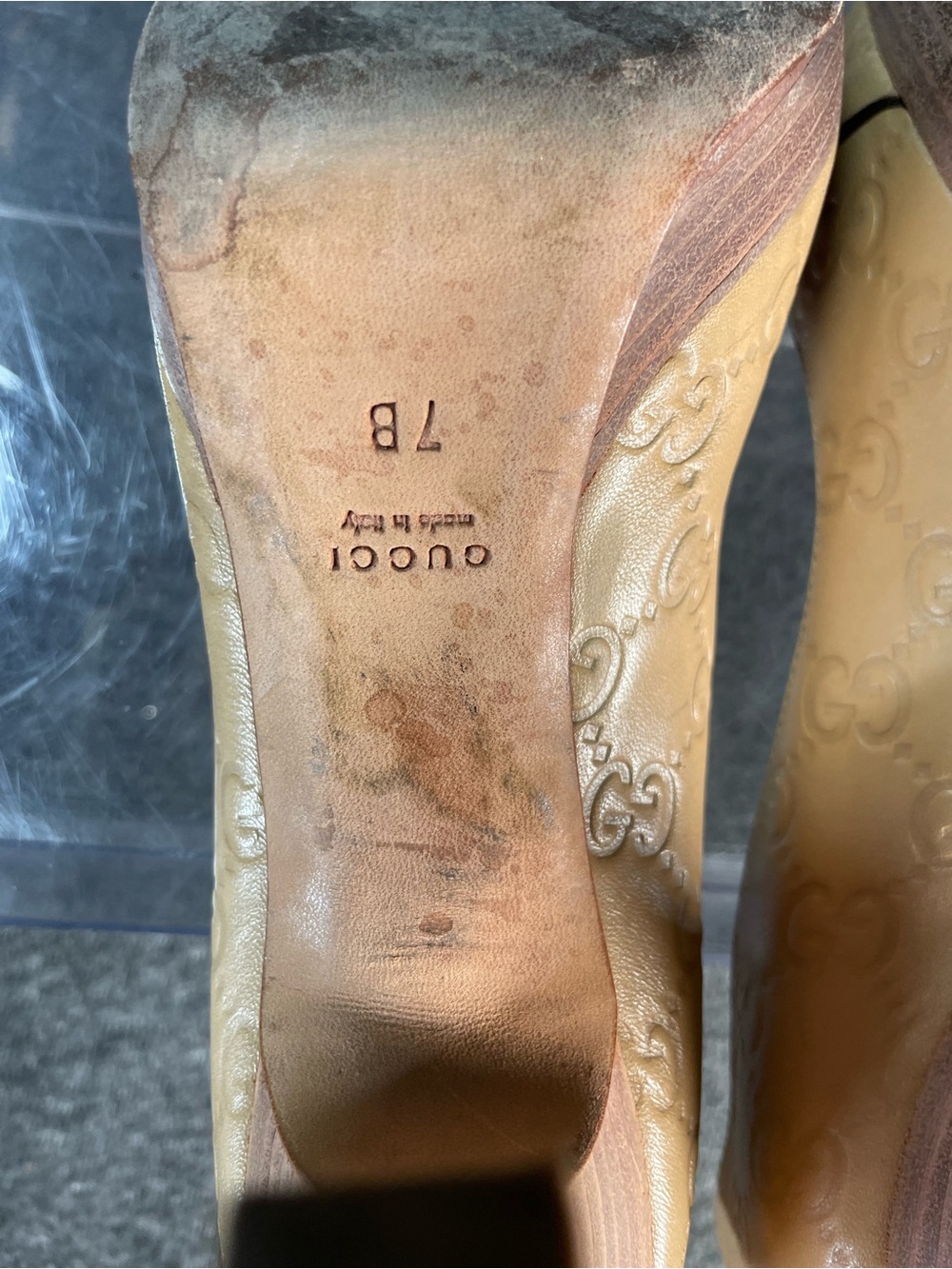 Gucci Guccisimma Horsebit Open Toe Light Sand Leather Heels Size 7 Monogram - Picture 15 of 16